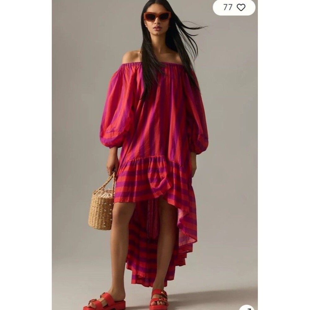 Petal + Pup M Maxi Dress Stripe Puff Sleeve High Low Off The Shoulder Preppy